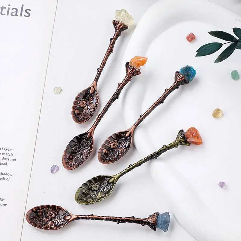 Natural Crystal Rough Spoon Random material Decorative Dessert Ice Cream Spoons Retro Carved Mixing Spoon Dessert Crystal Crafts