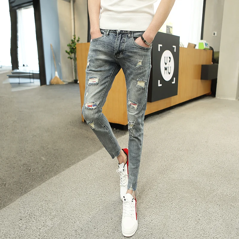 

Slim Fit Men's Jeans 27 Size Small Foot Nine Points Spring Autumn New Style Worn out Cotton Elastic Denim Pants Casual Youth