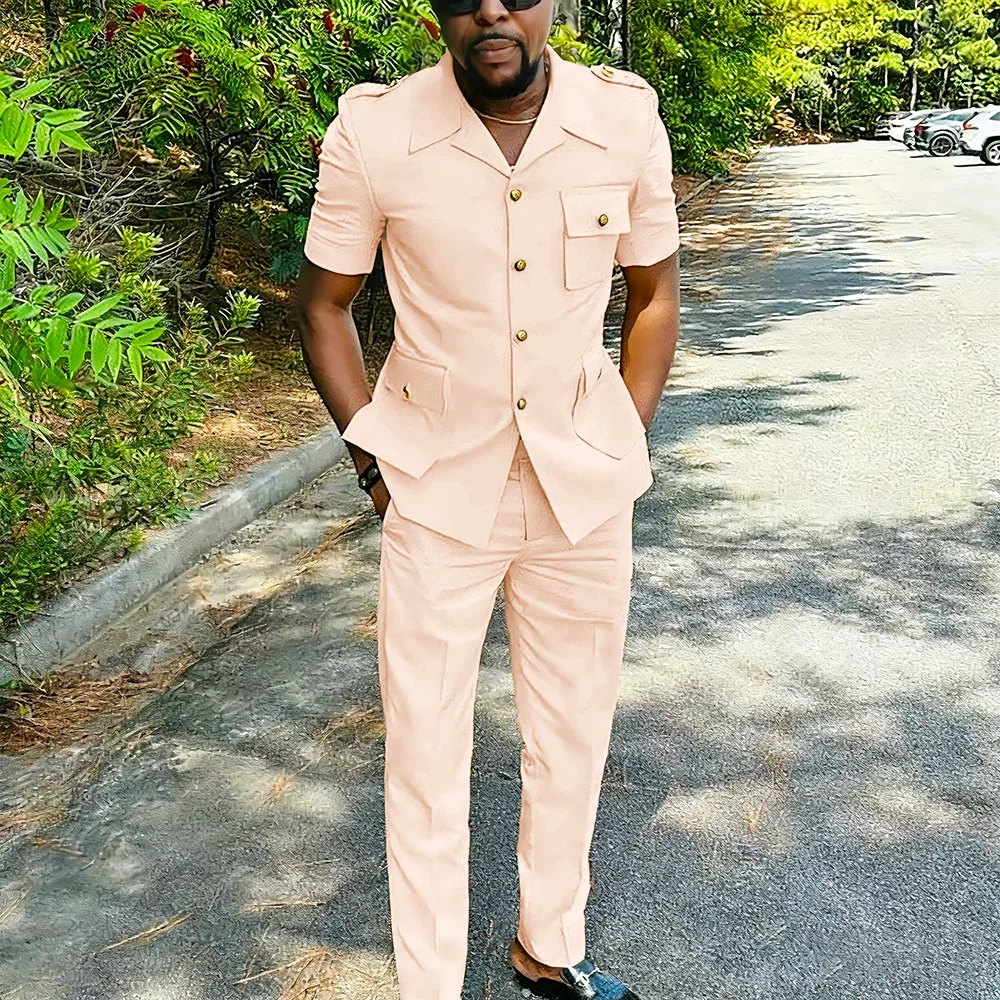 

Summer Short Sleeves Single Breasted Men Suit Peaked Lapel Business Casual Formal Costume Homme 2 Pcs Set Jacket Pants