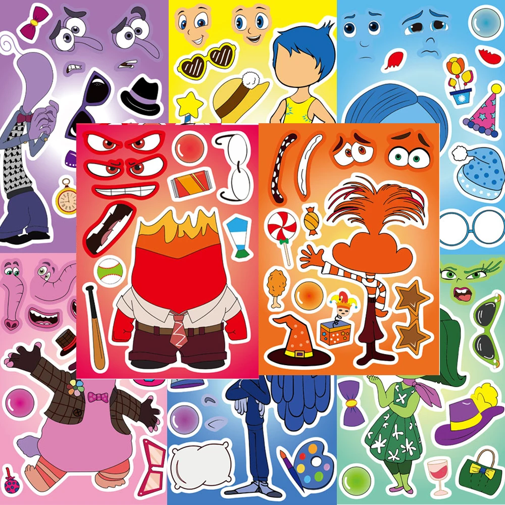 Disney Inside Out Anime Puzzle Adesivos, Decalque dos desenhos animados, Brinquedos engraçados para crianças, Presentes fofos, Make-a-Face Montar, 8 folhas, 16 folhas