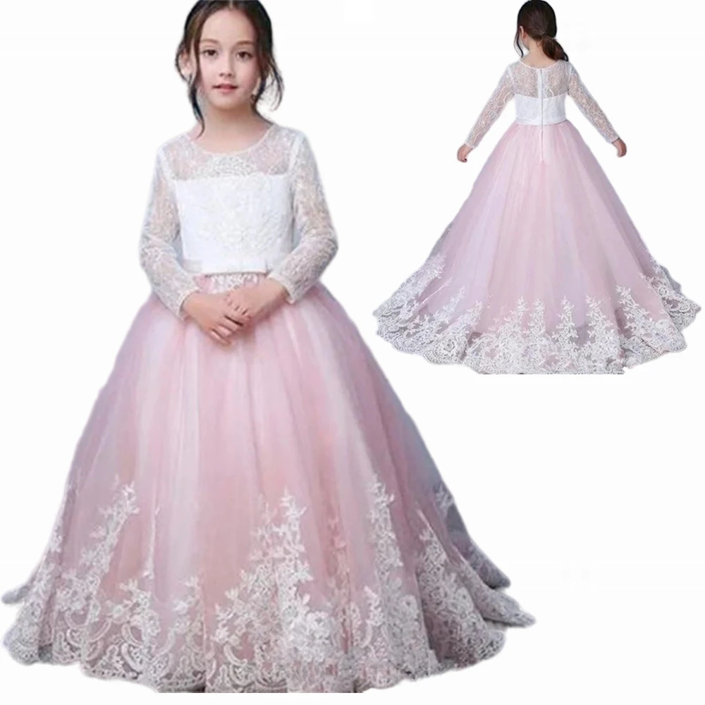 Flower Girl Dress Lace Applique Long Sleeve Jewel Hollow For Wedding Party Princess Birthday GIFT Pageant First Communion Gowns