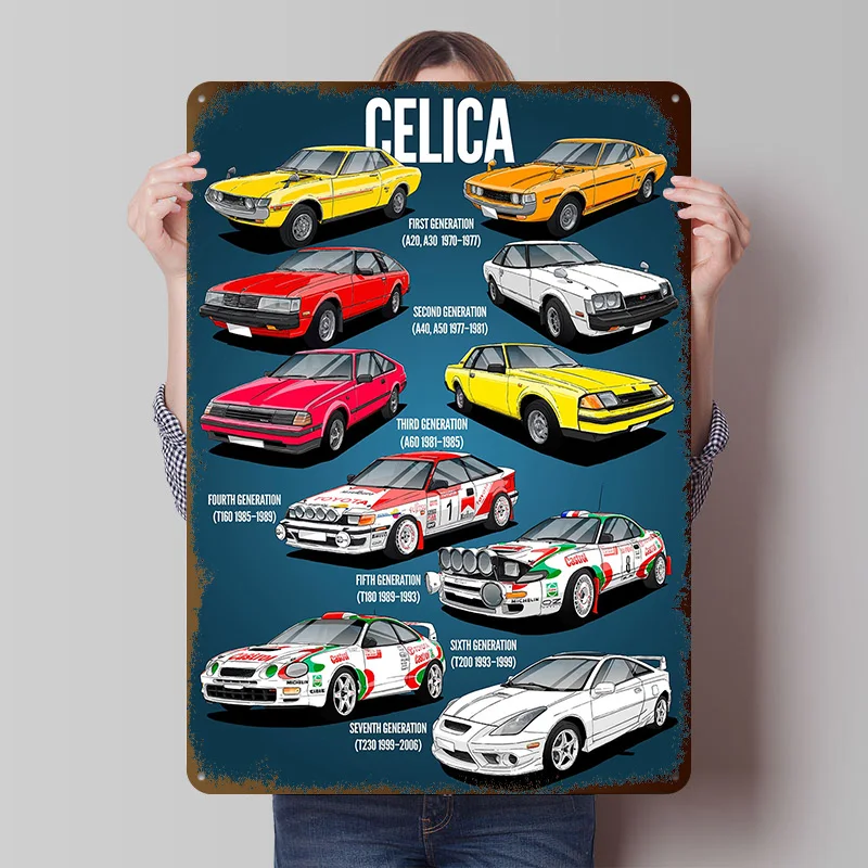 Sportwagen Celica Familie Metall Poster individuelle Wandkunst Retro Vintage Weißblechschilder für Männerhöhle Wohnzimmer Dekorationen Zuhause