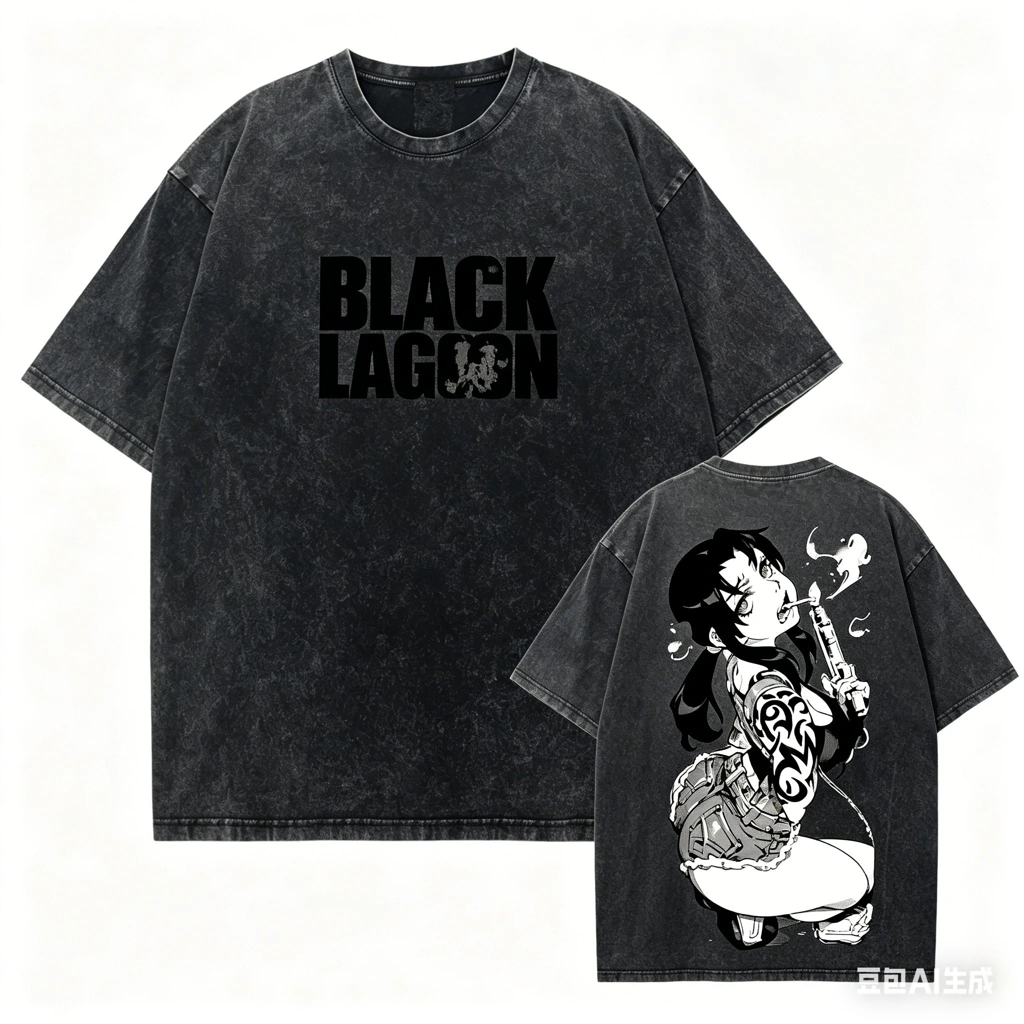 Camiseta negra lavada estilo lagoon, ropa con personalidad, nuevo modelo, camiseta de anime, ropa para todo el año, talla grande, unisex, streetwear, camiseta suave