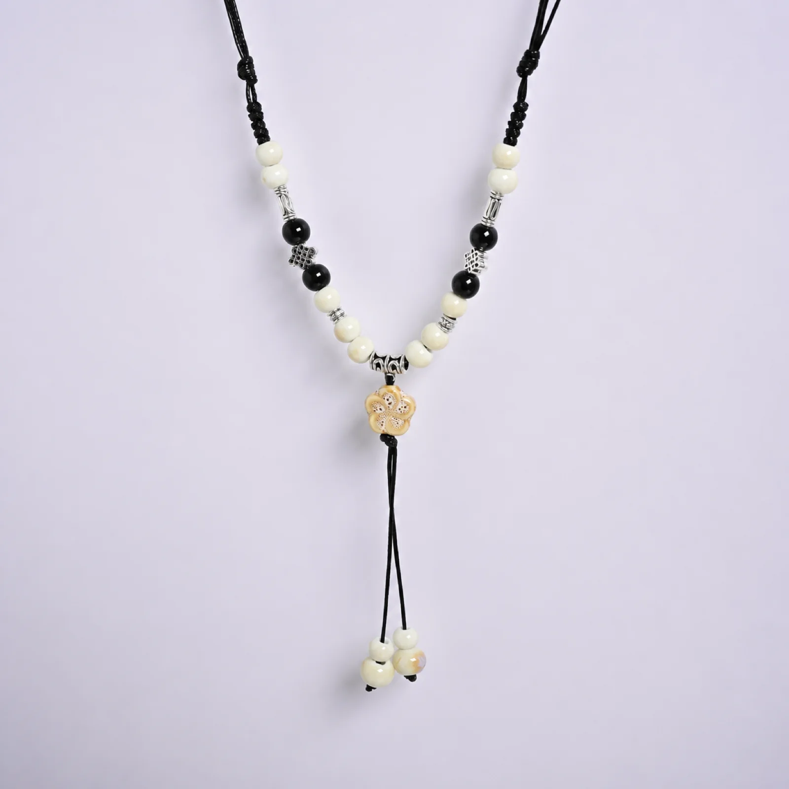 Handmade White Flower Ceramic Necklace Adjustable Wax Cord Braided Pendant Necklace with Ceramic Beads and Accents 608P14-07