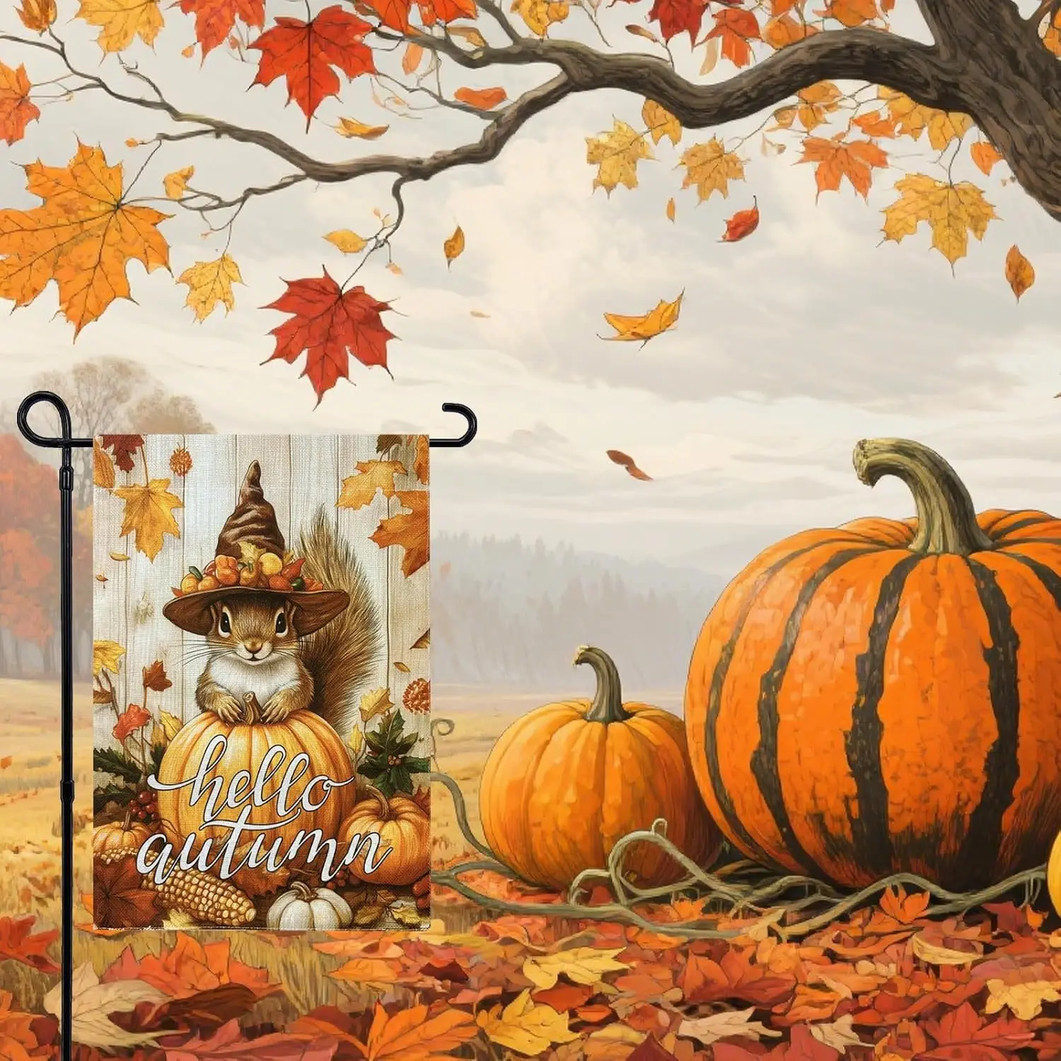 Double Sided Fall Garden Flag 12x18 Inch Hello Autumn Squirrel Pumpkin Burlap Garden Flags for Outside Yard Holiday Thanksgi WZZ
