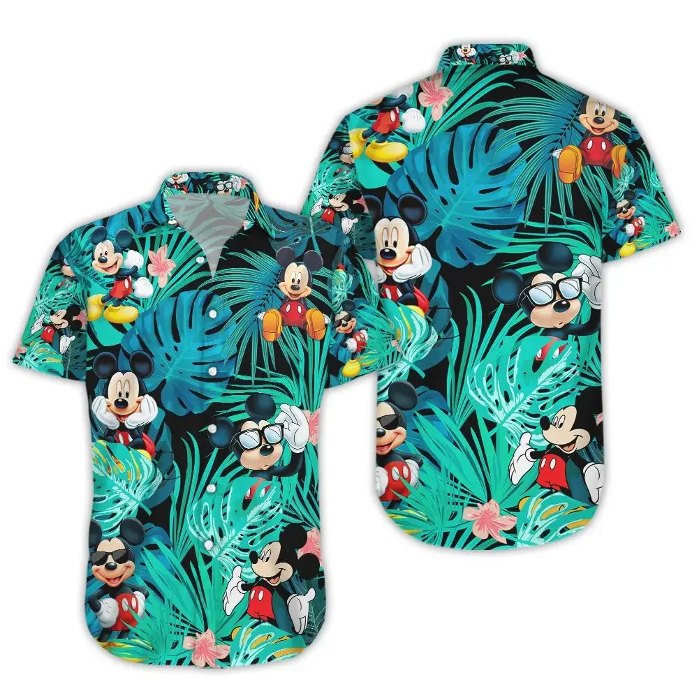 Camisas havaianas masculinas e femininas de mickey mouse, floral tropical, de botões, manga curta, disney, minnie, praia, verão