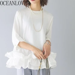 OCEANLOVE Ruffles Japanese Style Women Shirts&blouses Solid Vintage Blusas Feminina Elegant Spring Summer Sweet Camisas