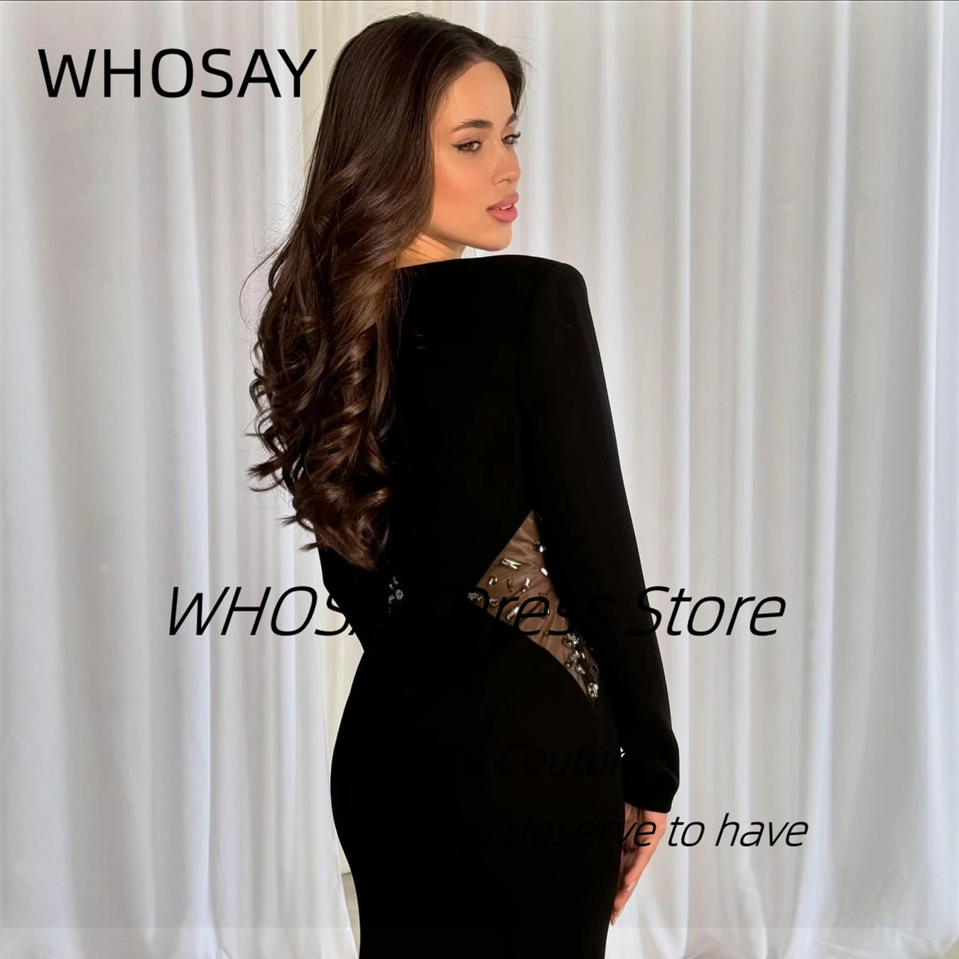 WHOSAY Black Evening Dresses 2024 Crew Neck Long Sleeves Prom Dress Beaded Sash Vestidos Party Special Banquet Women Wear