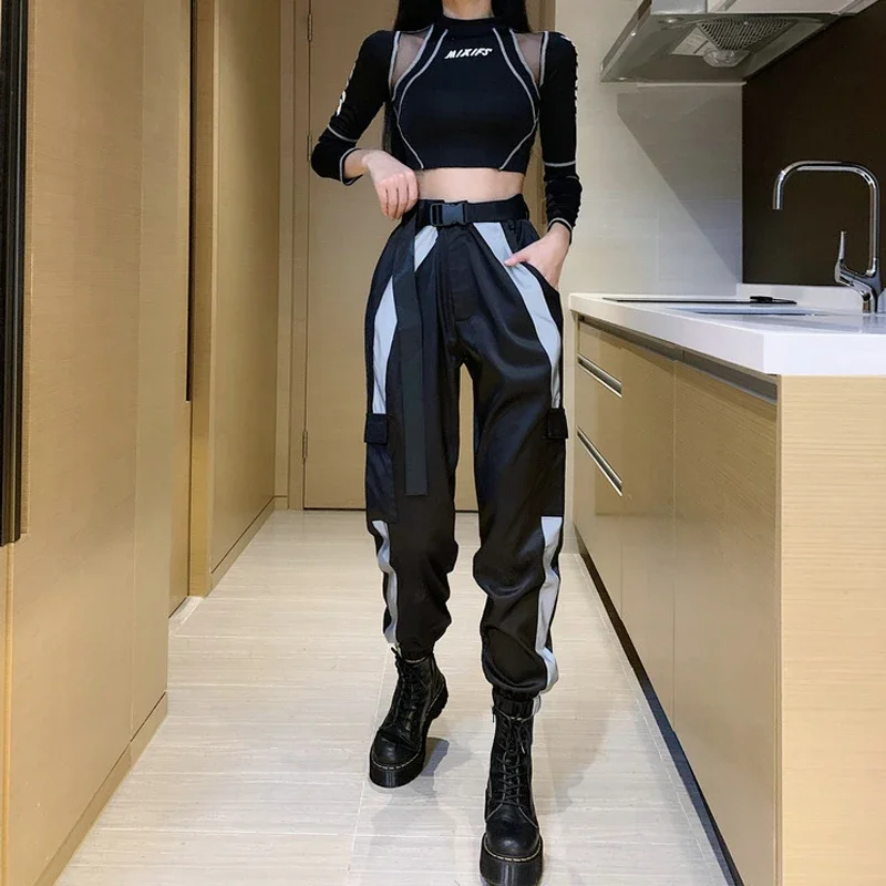 

Jazz Dance Costumes For Women Black Cropped Top Hip-Hop Overalls Women Loose Reflective Suit Stage Modern Dance Clothes XS2296