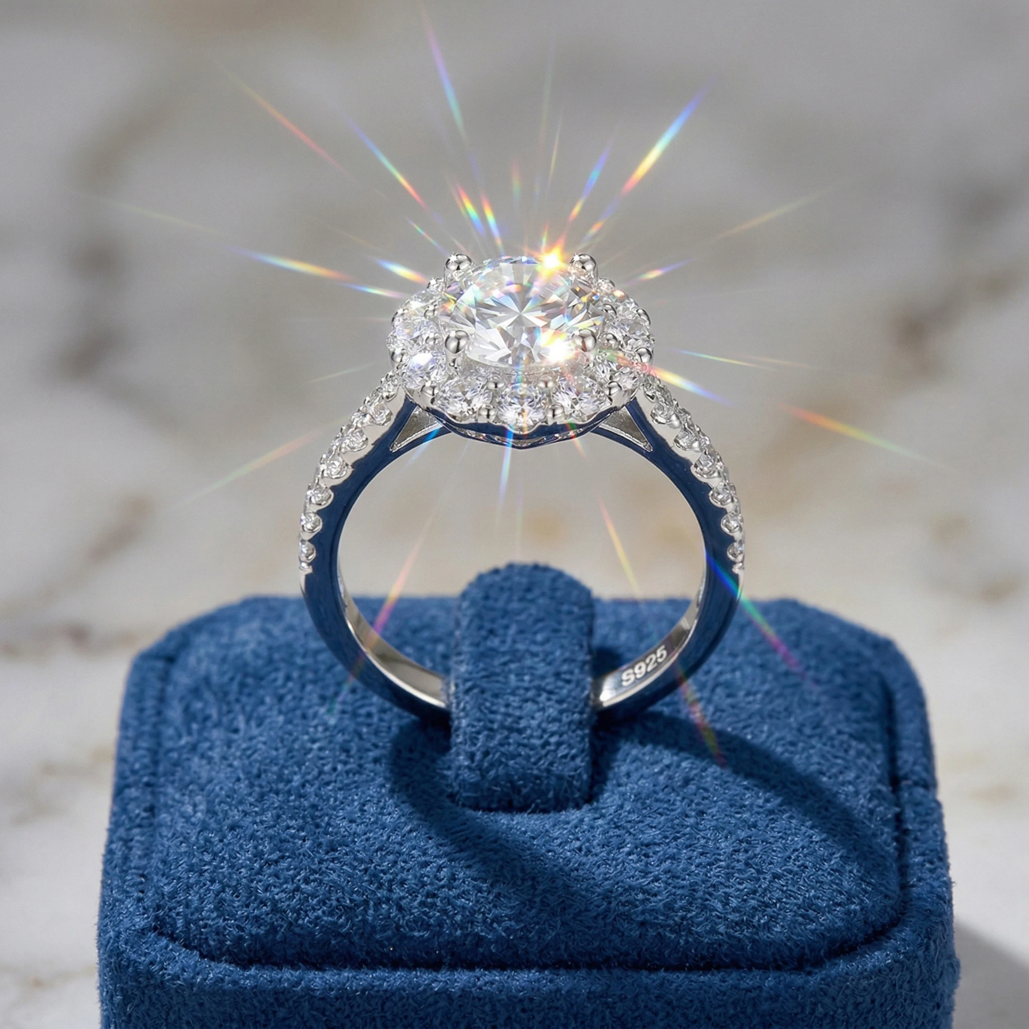 

Halo Moissanite Ring, 925 Silver, D Color VVS1, 1ct Flower Halo, Light Luxury Engagement Ring, Women's, Cert Quality