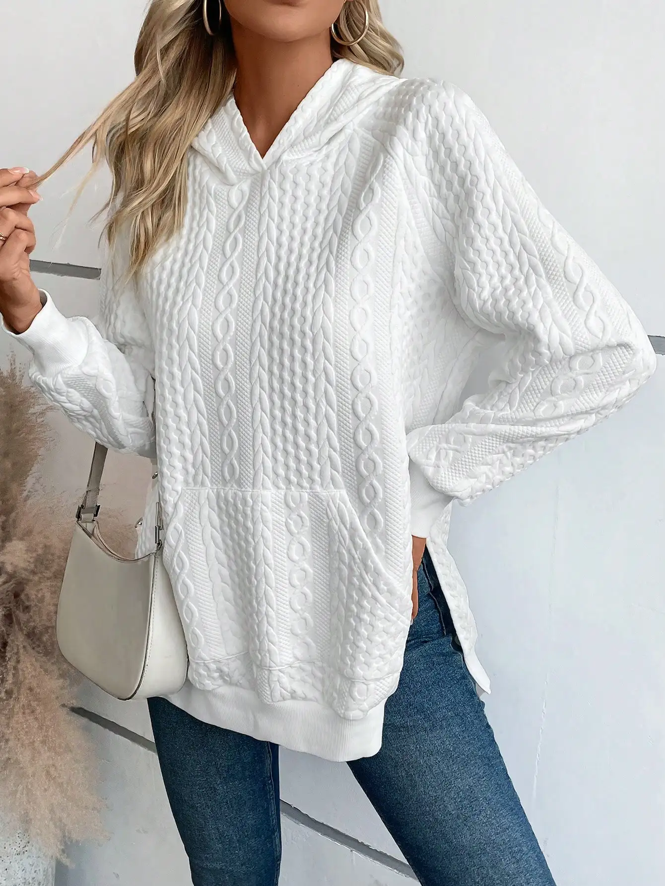 2024 New Solid Color Casual Versatile Slits on Both Sides White Sweatshirt for Women