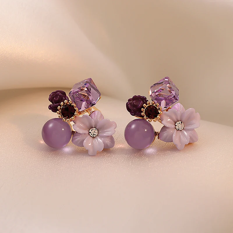 Noble Purple Crystal Flower Stud Earrings For Woman 2022 Korean Fashion Jewelry Wedding Party Girl's Elegance Set Accessories