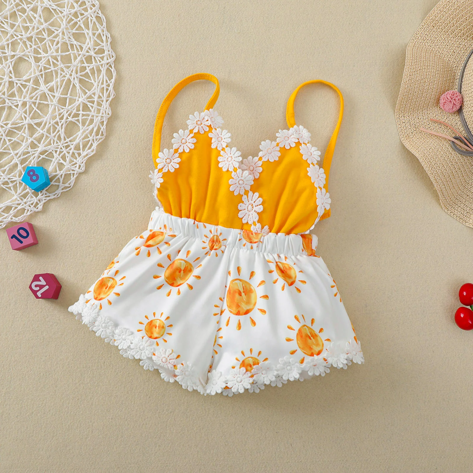 

Boho Sunflower Romper for Baby Girls - Sleeveless Halter Jumpsuit with Shorts Perfect Summer Outfit for Kids Aged 0-4T