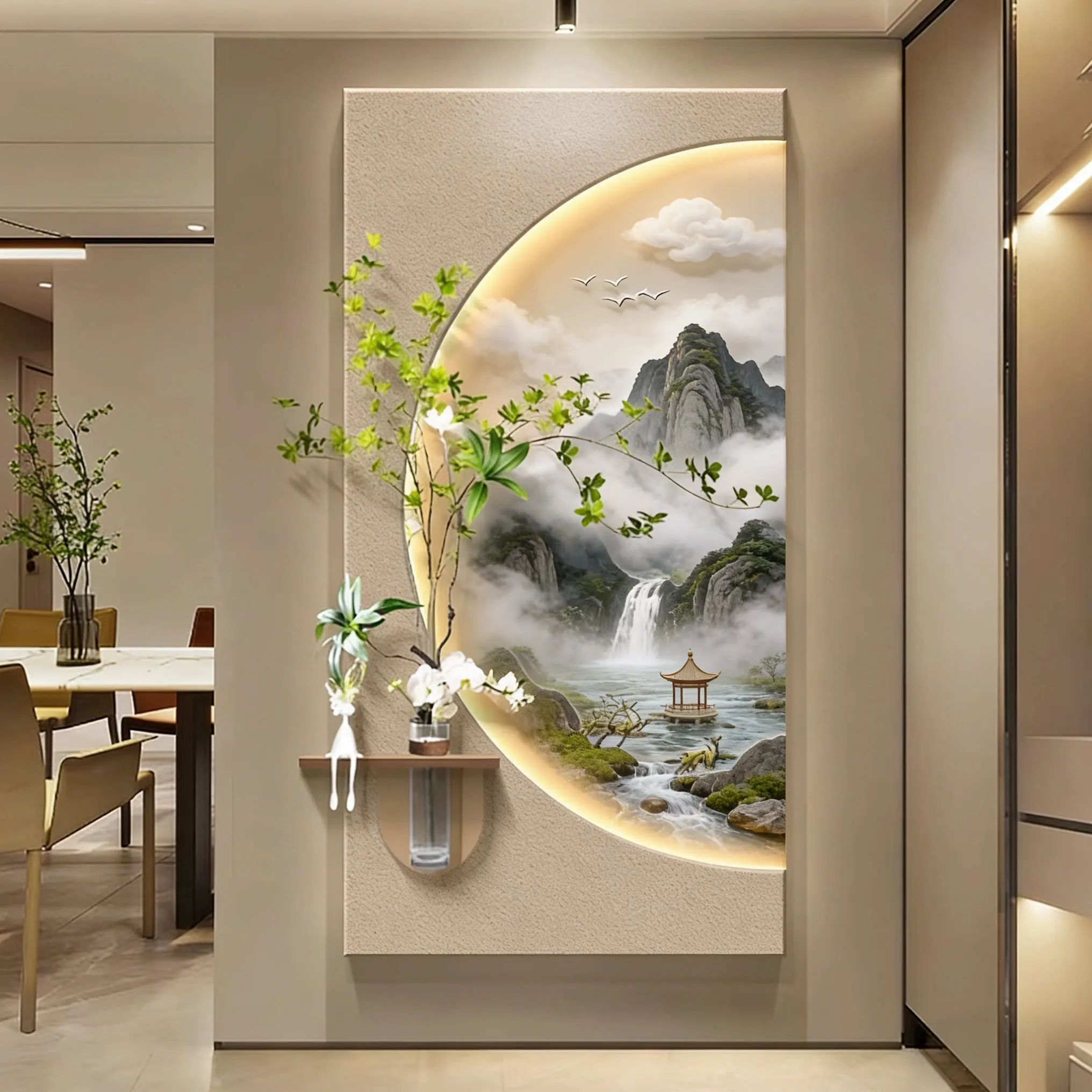 Modern minimalist entrance decoration, three-dimensional sandstone, sunlight golden mountain with lights, entrance mural paint
