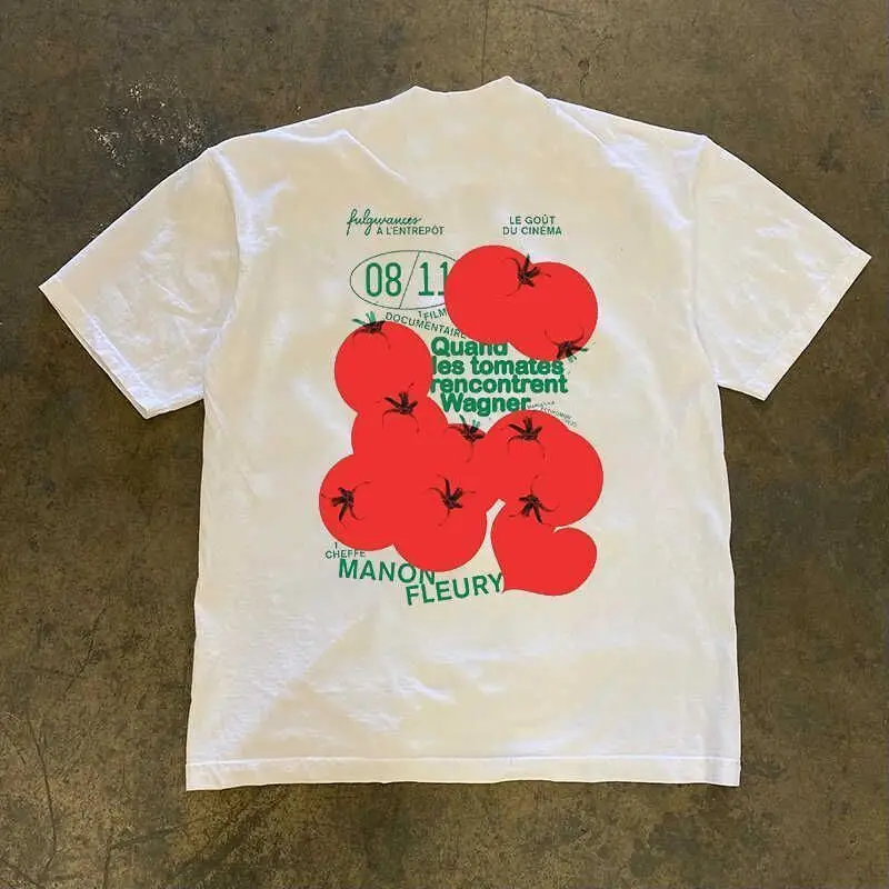 

New American High Street Trend Brand Retro Loose Tomato Print T-shirt Loose Comfortable Unique Top for Men and Women