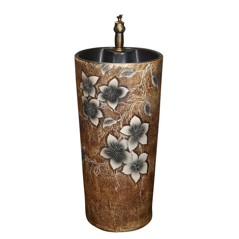 

Chinese engraving art column basin ceramic column type, washbasin integrated outdoor washbasin