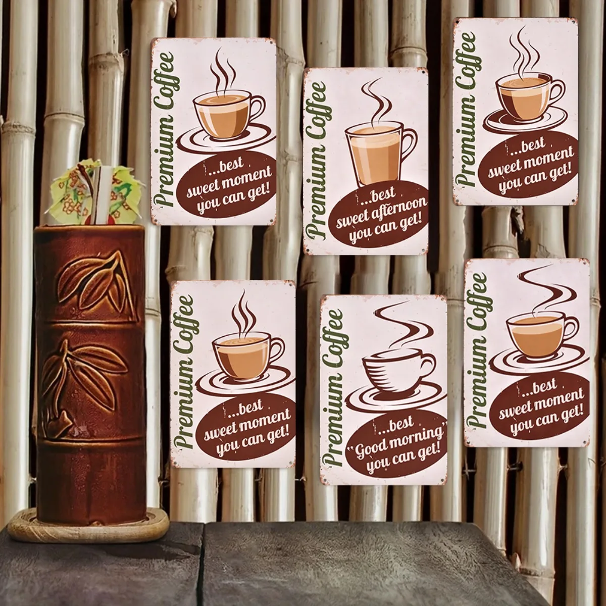 2D Flat, 6pcs 2D Flat Not 3D Metal Sign Vintage Set of 6 Vintage - Style - Themed Metal Signs with Cups and Sweet Phrases 20.32*