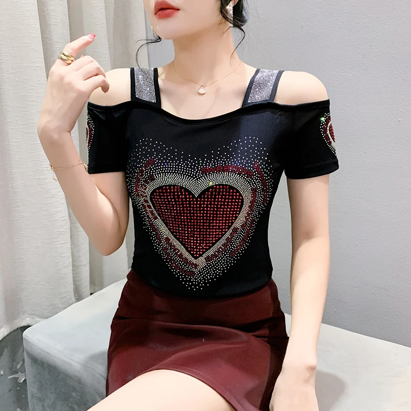 New Arrival Big Love Heart Shape Design Women's T-Shirts Off Shoulder Shiny Diamonds Mesh Tops High Quality Blusas Tees Shirt