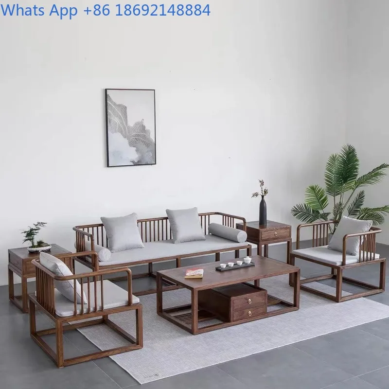 New Chinese Style Northern Elm Solid Wood Sofa Set for Living Room Small Apartment Simple Fabric Sofa Modern Zen Style