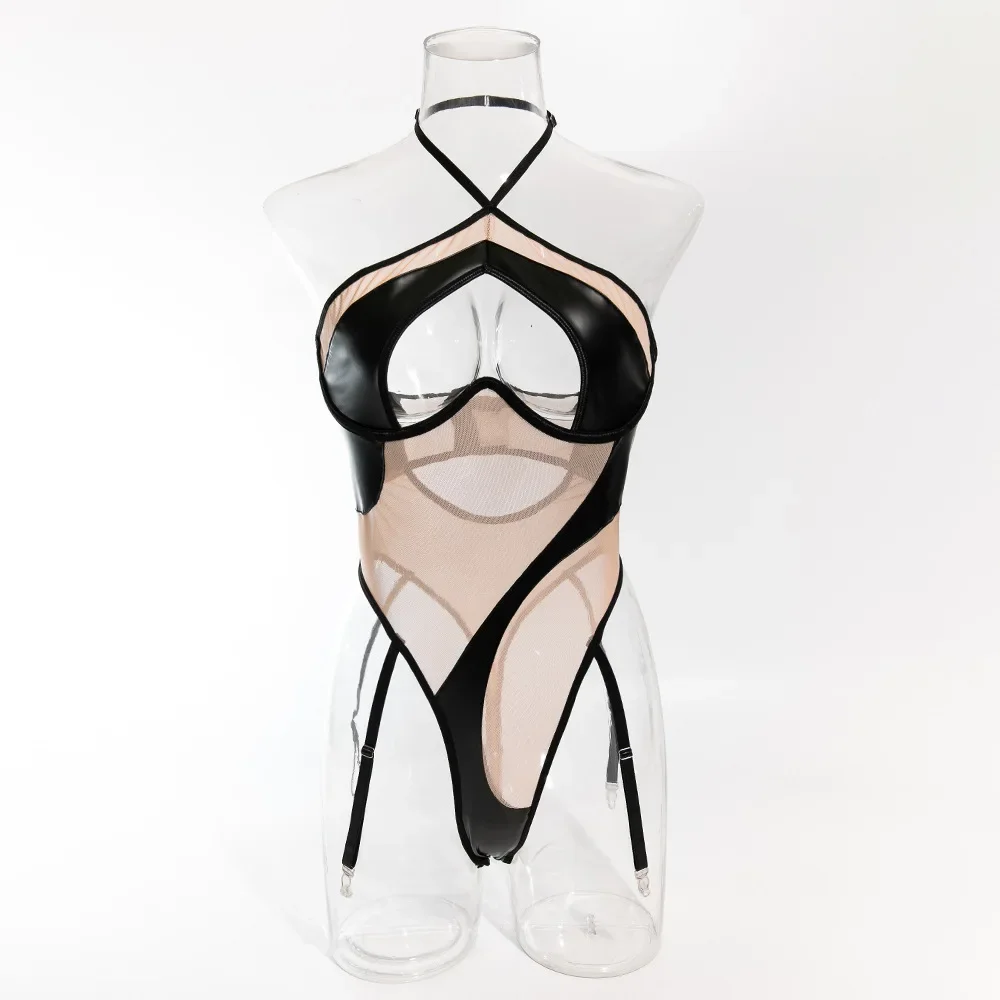

Halter Hollow Out PU Leather Playsuits Women Strapless Shapewear 2024 Fashion Patchwork Sheer Backless Sexy Bodysuits