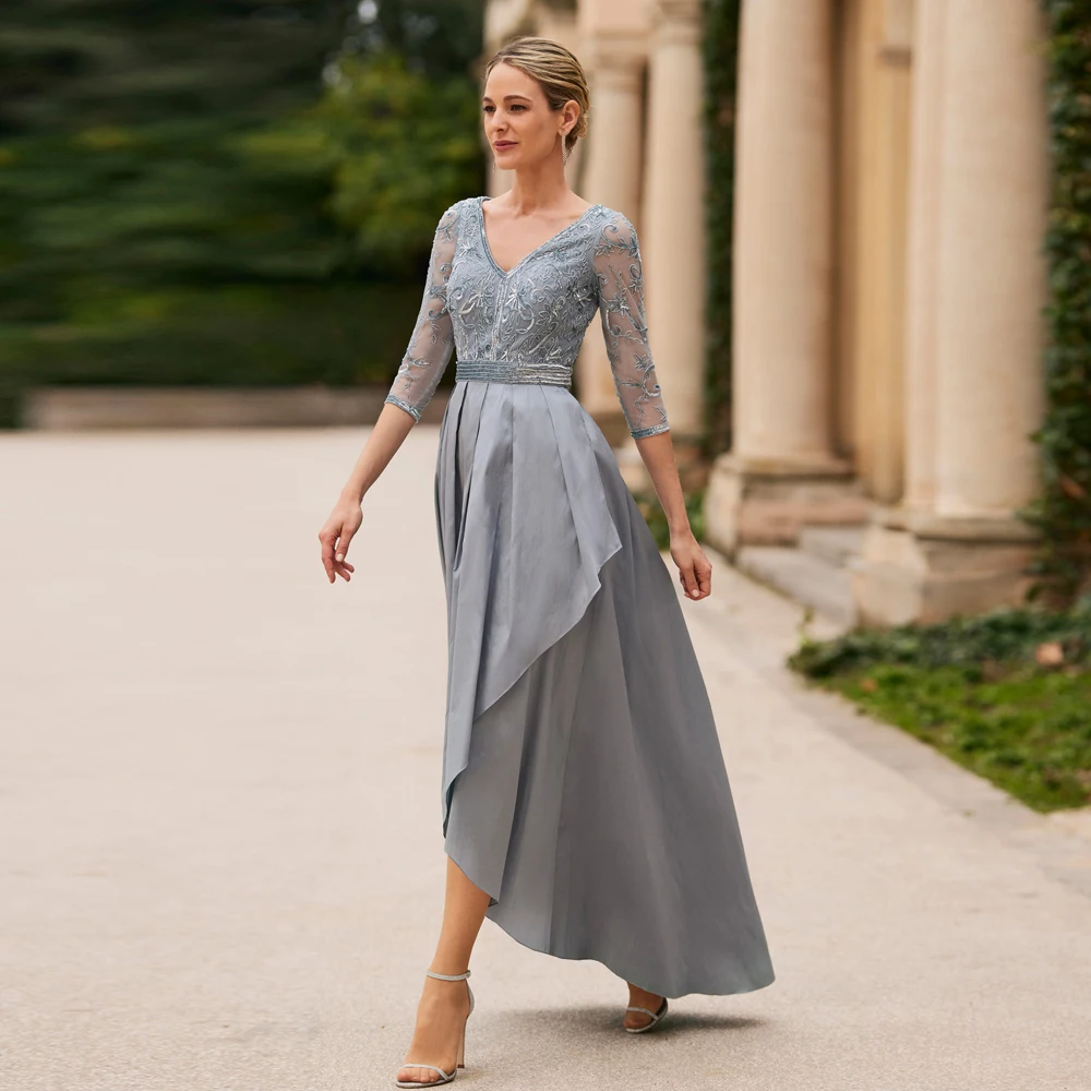 

Elegant Mother of the Bride Dresses V Neck 3/4 Sleeves Wedding Party Gowns Appliques Pleat Tea Length A-Line فساتين السهرة