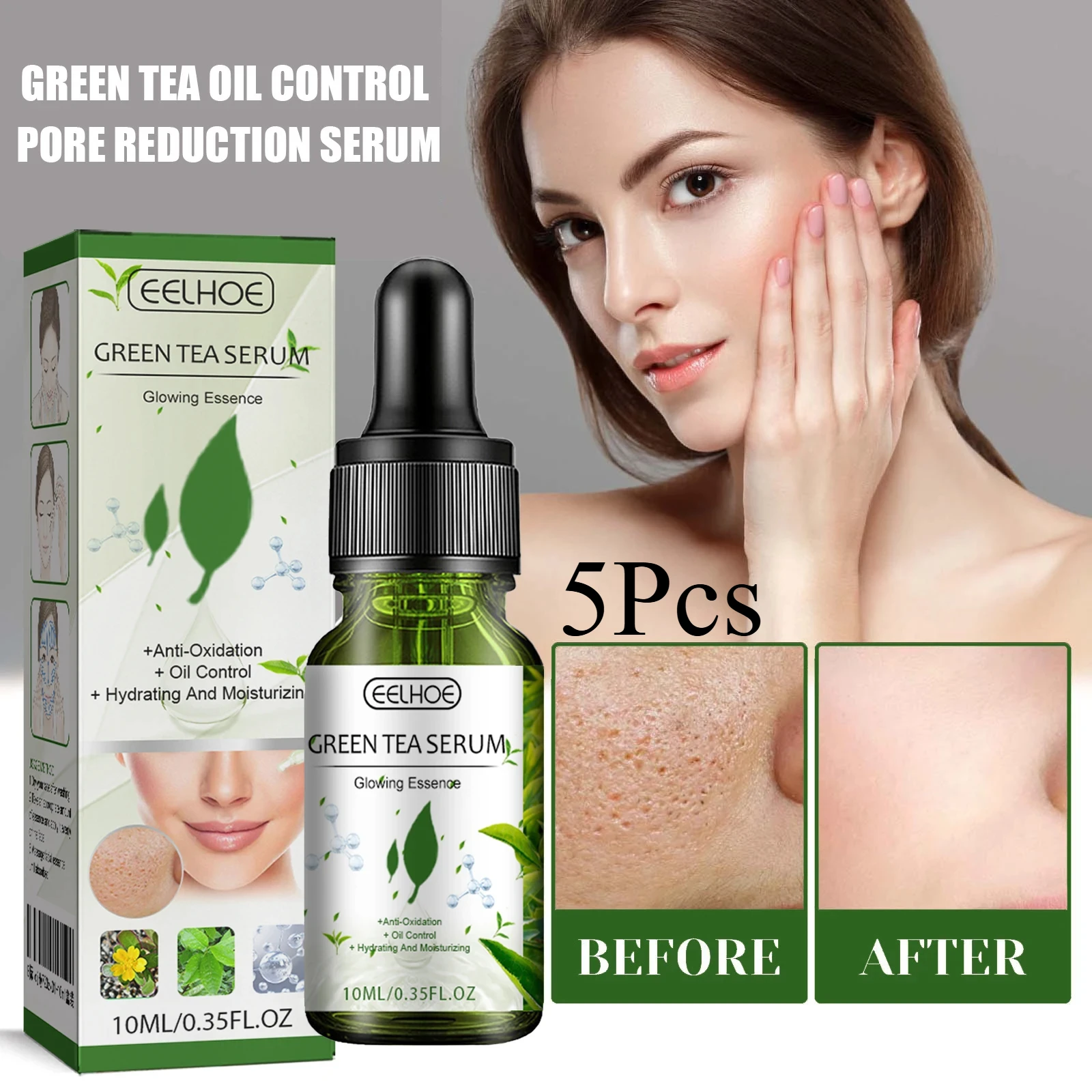 5 piezas de suero de té verde que reduce los poros, aceite para controlar los puntos negros, aprieta y suaviza la piel, esencia de cuidado hidratante Facial