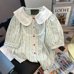 American Style Fashion Summer Short Sleeve Blouses Spliced Lace Button Peter Pan Collar Ruched Loose Commute Printed Women Shirt