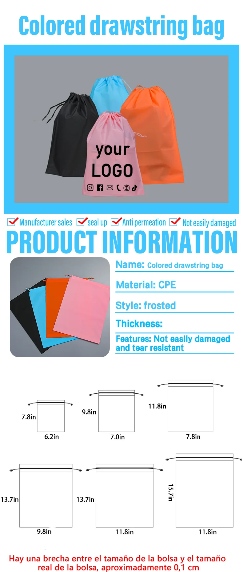 50 Stück bunte, mattierte Beutel mit Kordelzug, Reise-Aufbewahrungsbeutel, Geschenkbeutel, individuelle Produktverpackungsbeutel mit aufgedrucktem Logo – Detail 1