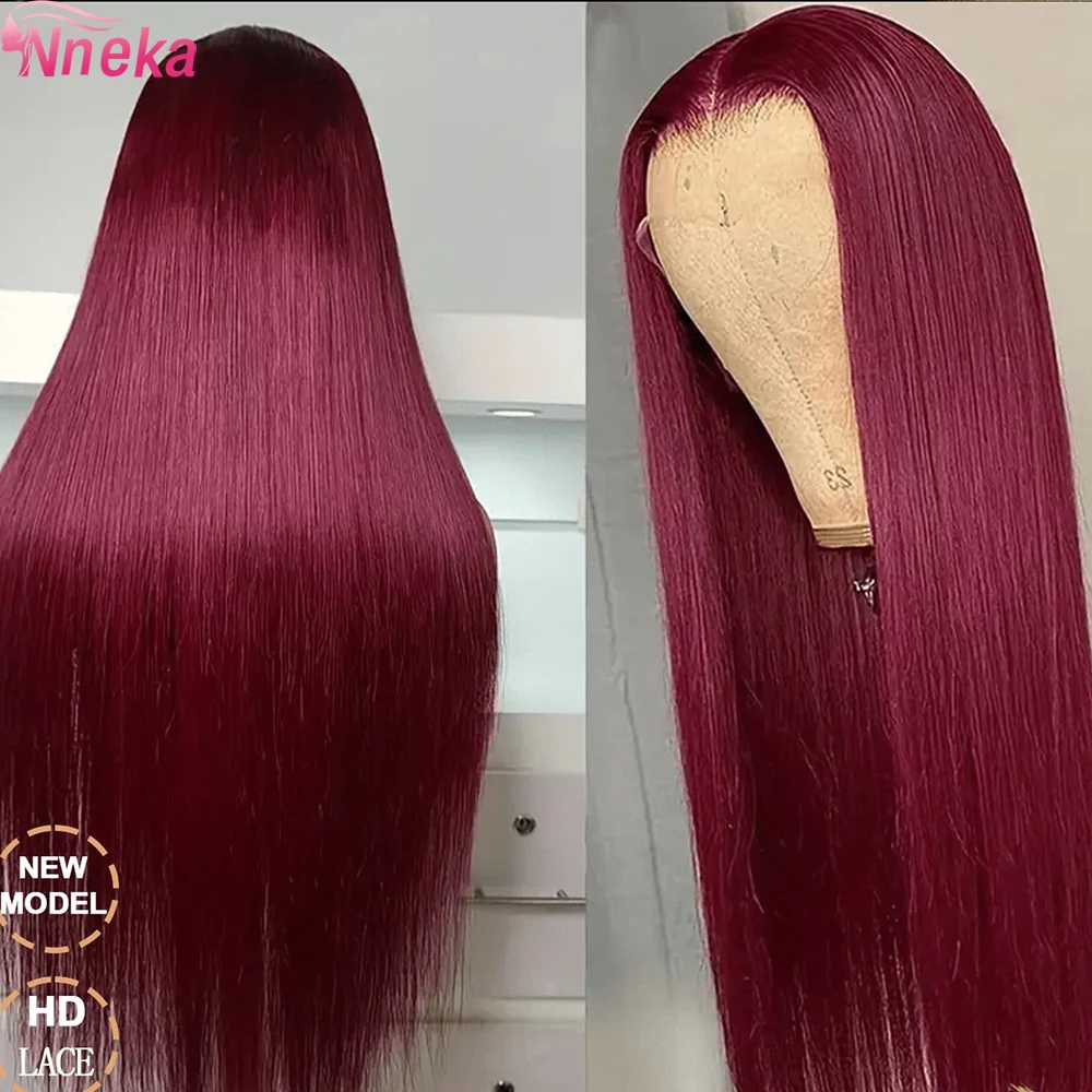 

36-дюймовый парик из натуральных волос с прозрачной кружевной вставкой 13x6, бордовый, красный 99J, прямой, окрашенный, парик из натуральных волос с кружевной вставкой 13x4 для женщин