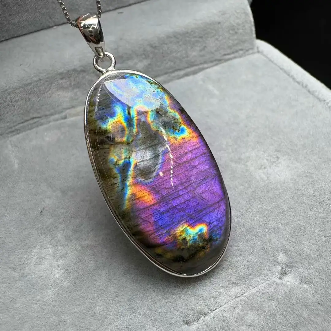 

1 шт. Fengbaowu натуральный красочный фиолетовый лабрадорит кулон 38-45 мм капля воды стерлингового серебра 925 пробы ювелирные изделия подарок для женщин мужчин