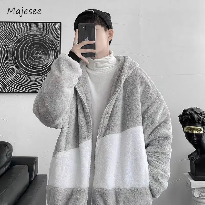 

Mens Jacket Casual Warm Fashion Hooded Autumn Winter Patchwork Simple Teenagers Advanced Korean Style Daily Handsome Baggy Soft