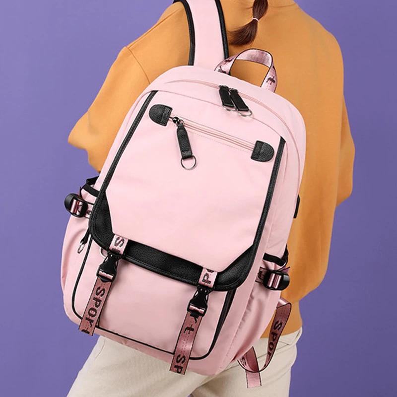 large school bags for teenage girls USB port canvas schoolbag student book bag fashion black pink teen school backpack