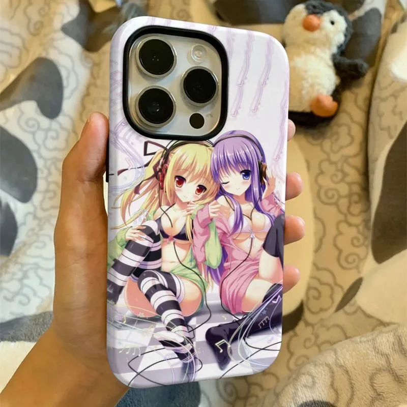 Coque de téléphone anti-chute style manga avec motifs de filles anime mignonnes et notes de musique pour iPhone 17 16 15 14 13 12 11 Pro Max