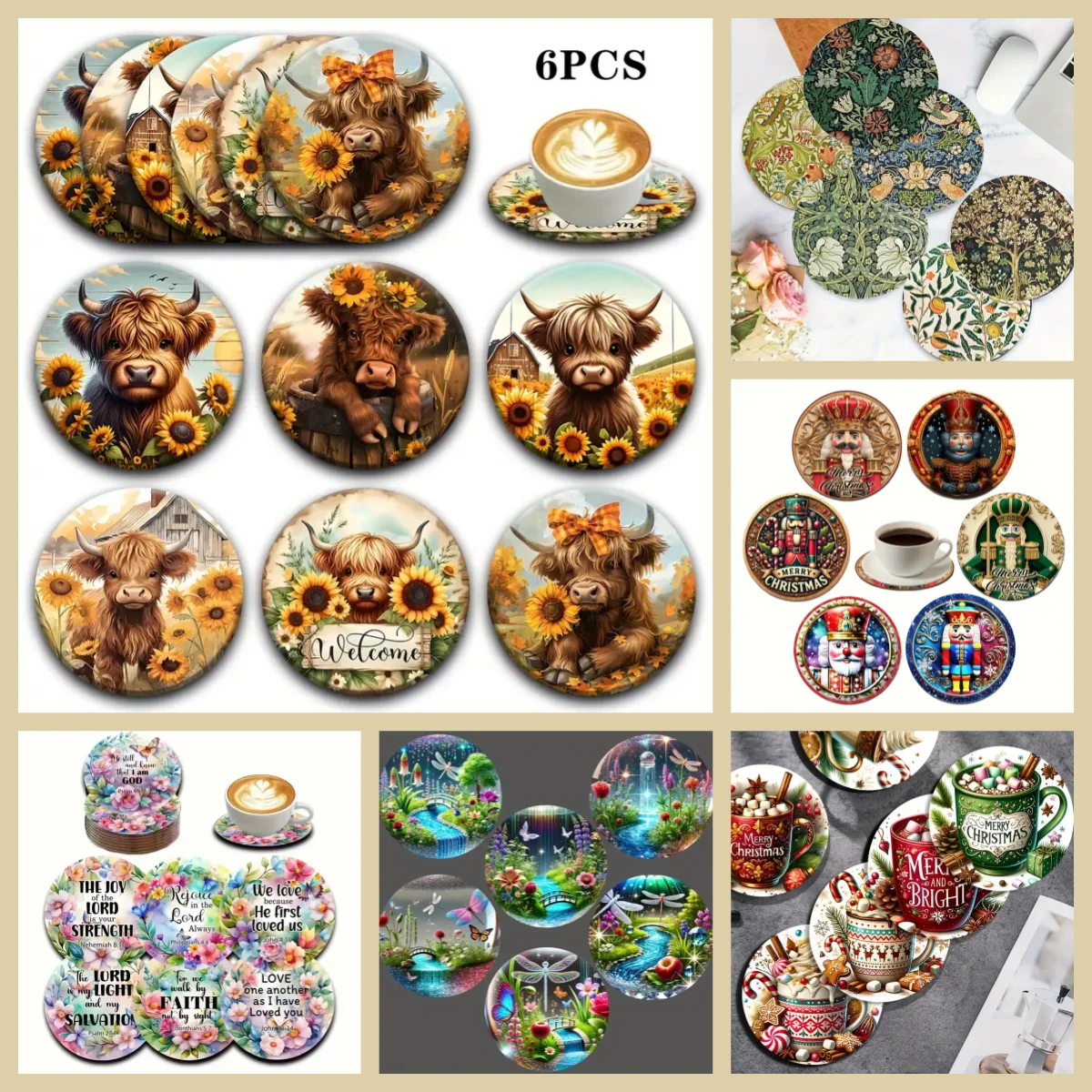 

6 anti-slip and heat-insulating wooden coasters with animal/cartoon patterns, suitable for kitchen and office festival gifts