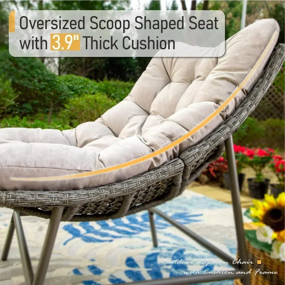 Outdoor Chair with Cushion and Frame, Patio Rattan Club Scoop Chair with 3.9