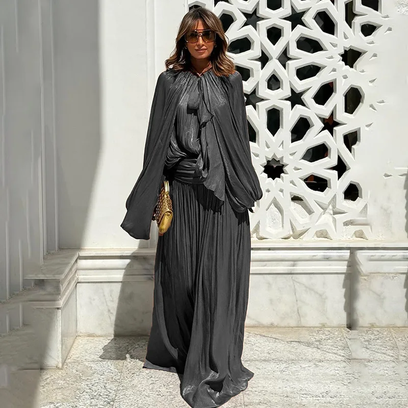 

2025 Autumn New Fashion French Holiday Style Long Dress Bubble Long Sleeve Half Open Collar Dress for Women