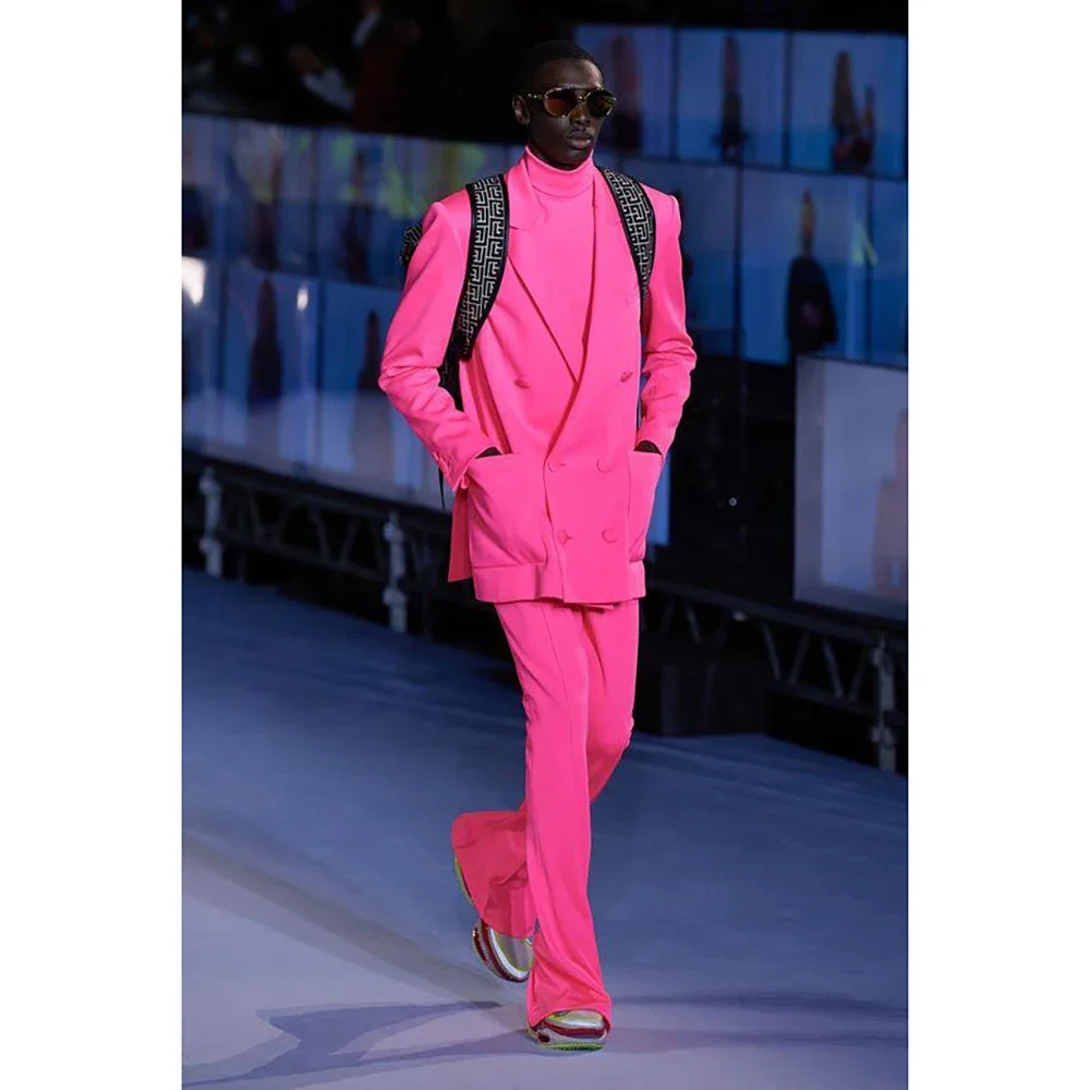 

Bright Pink Suits for Men 2 Piece High Street Peak Lapel Double Breasted Outfits Chic Casual Party Prom Wedding Set