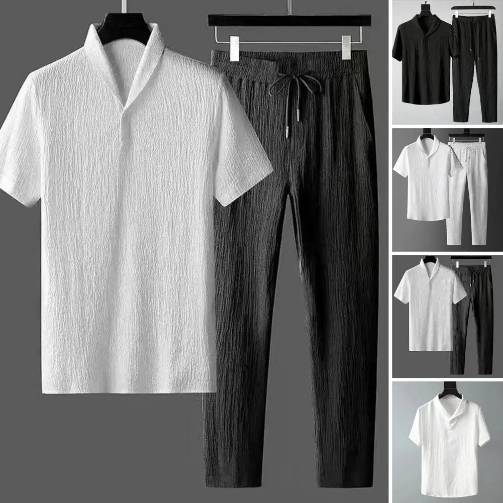 

Lapel T-shirt Long Pants Set Men's Summer Casual Outfit Lapel Short Sleeve T-shirt Elastic Drawstring Waist Long Pants Set