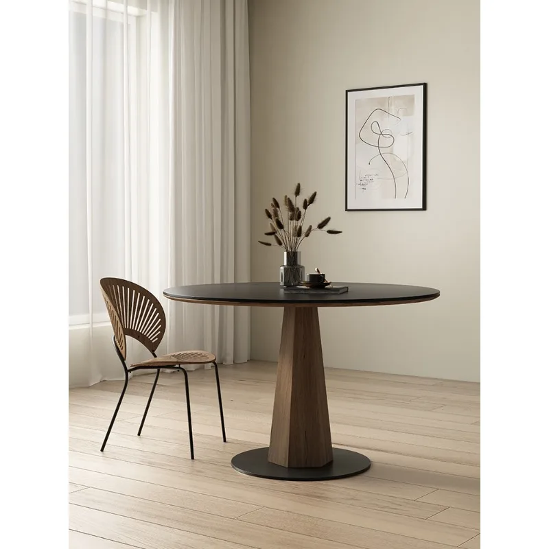 طاولة طعام مستديرة من الخشب الصلب، شقة صغيرة بسيطة، طاولة مستديرة سوداء نقية، جوز أسود قديم #4