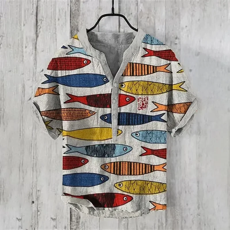 

Men's Shirts Japanese Styles Ocean Fish Print Linen V-Neck Shirt Casual Loose Holiday Short Sleeve V-neck Harajuku Tops Tunics