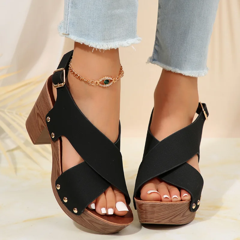 

New Summer Women Sandals Square High Heel Platform Shoes Casual Rivet Pumps Peep Toe Female Elegant Ladies Shoes Zapatos Mujer