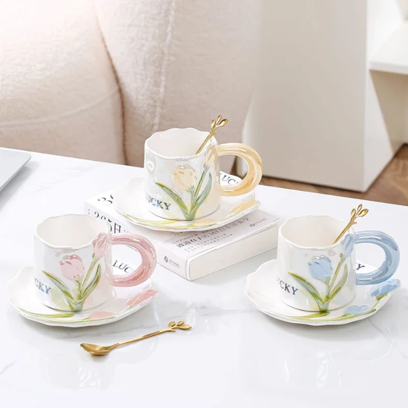 Tazas  cerámica  tulipán en relieve 3D, tazas  café irregulares pintadas a mano, flor, leche, té, taza  sayuno, regalo