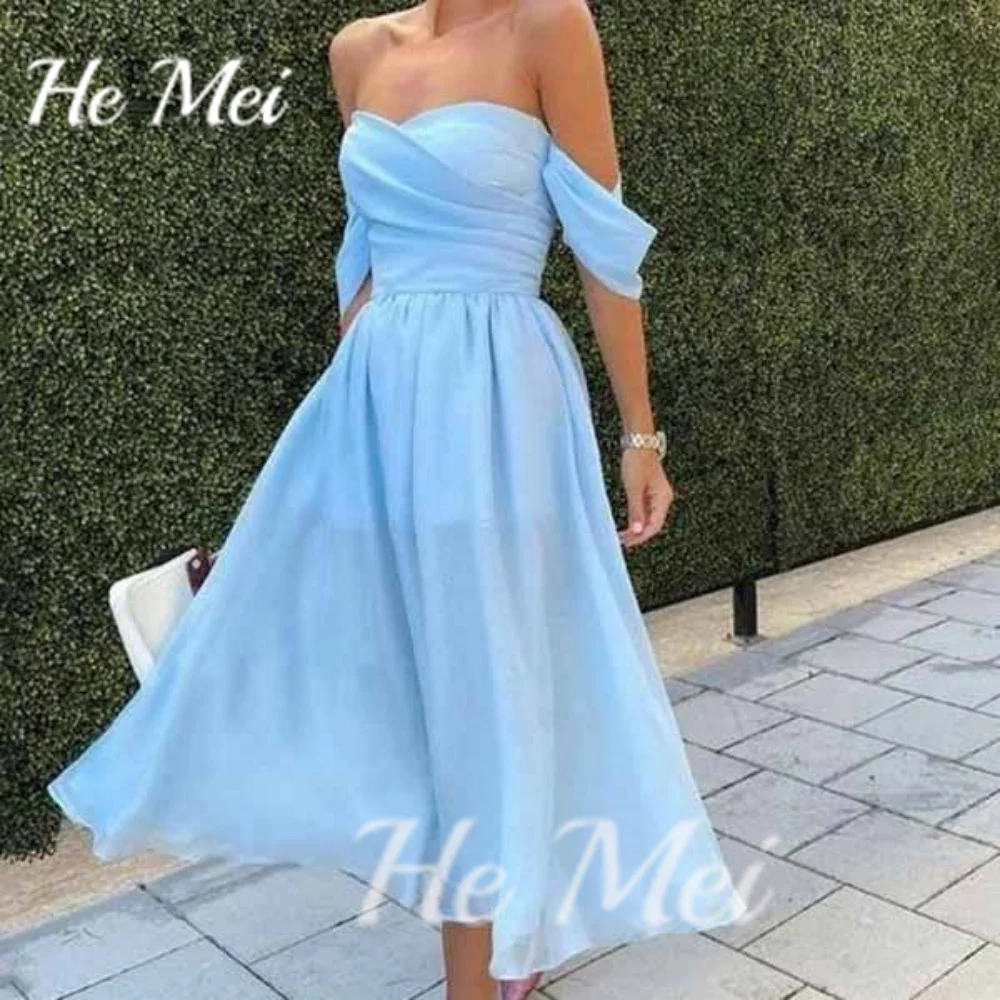 Simple Prom Dress For Women Elegant A Line Sweetheart Neck Evening Gowns Off The Shoulder Mid Calf Length Party Dresses