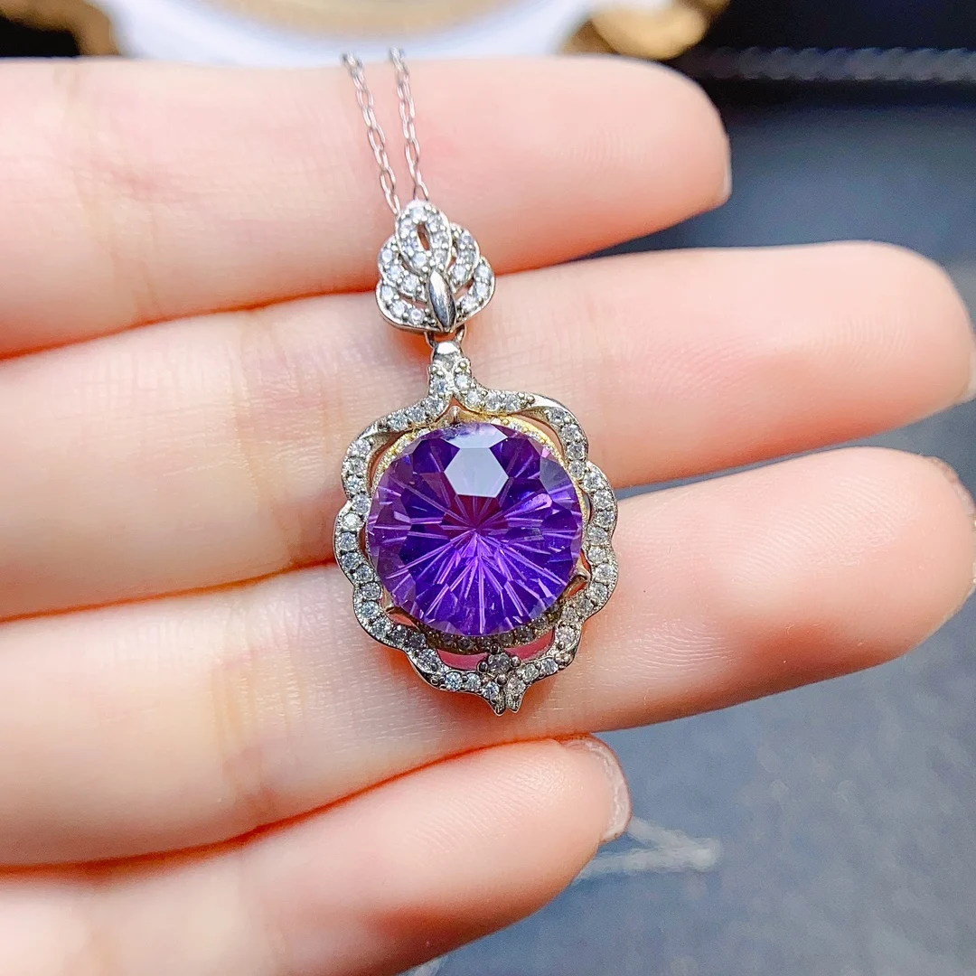 

FS 12mm Natural Amethyst Pendant Necklace S925 Pure Silver With Certificate Fine Charm Wedding Jewelry for Women MeiBaPJ New