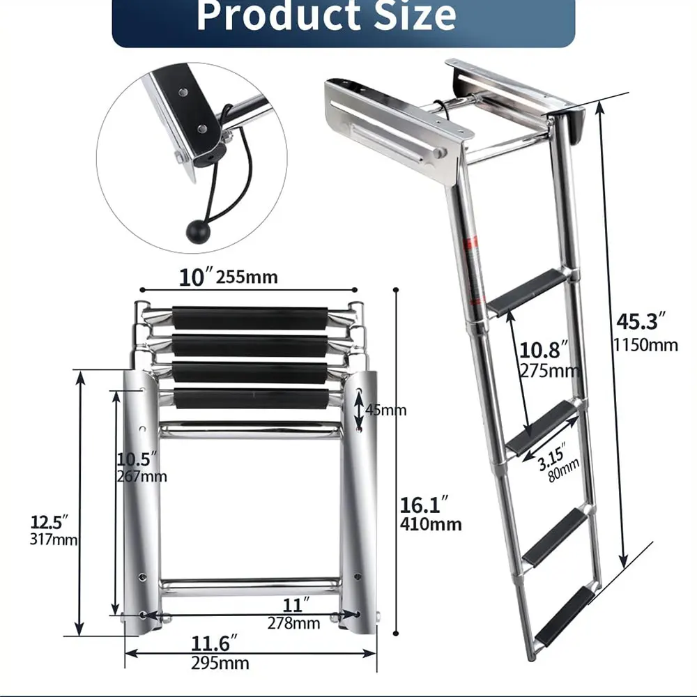 سلم 4 خطوات 316 من الفولاذ المقاوم للصدأ تحت منصة منزلق جبل تصغير سلم الصعود سلم القارب #6