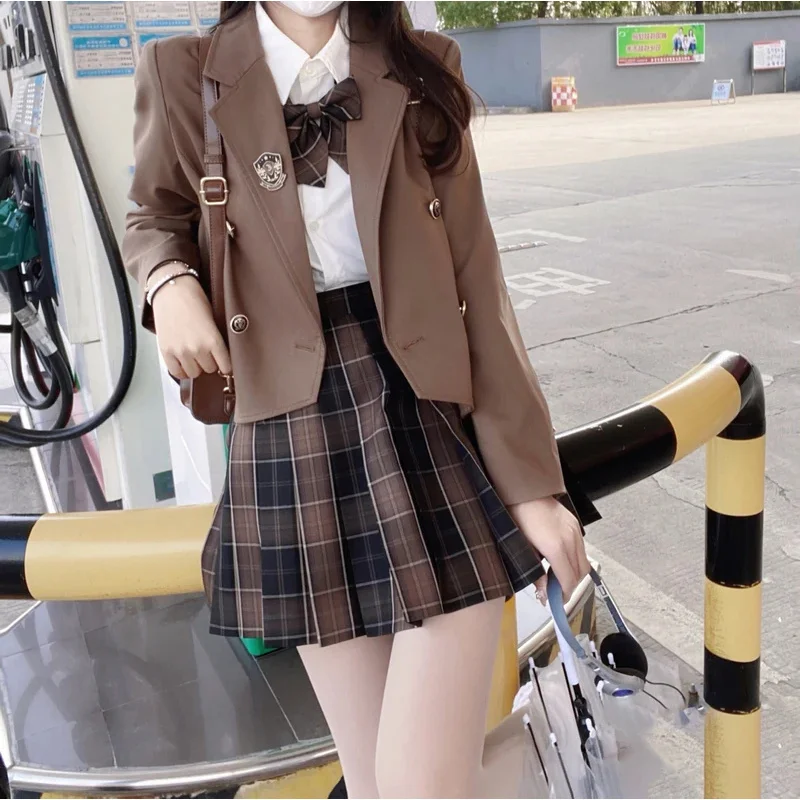 Traje de uniforme escolar JK de manga larga para otoño e invierno, faldas plisadas a cuadros de cintura alta, ropa para mujeres, estudiantes y niñas