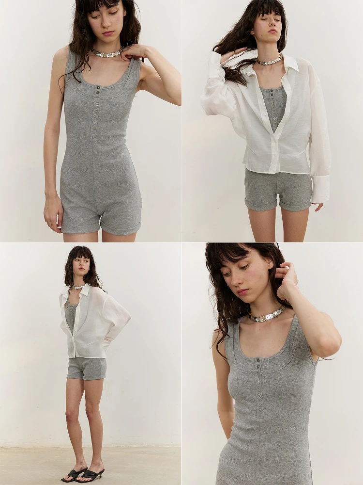 ชุดบอดี้สูท SOLWEIGE Sli Tee-Quarter Sve แบบมีกระดุมสองชั้น ดีไซน์คอวีขนาดใหญ่ แฟชั่นฤดูร้อน