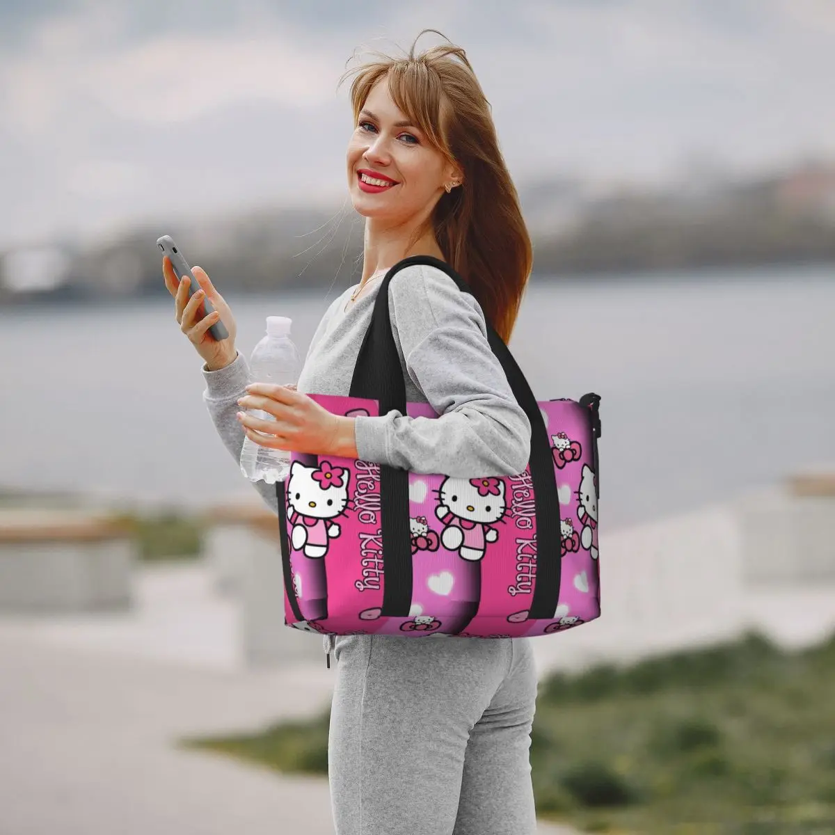 Custom Hello Kitty Tote Bag Women Large Capacity Kitty White Gym Beach Shoulder Travel Bag