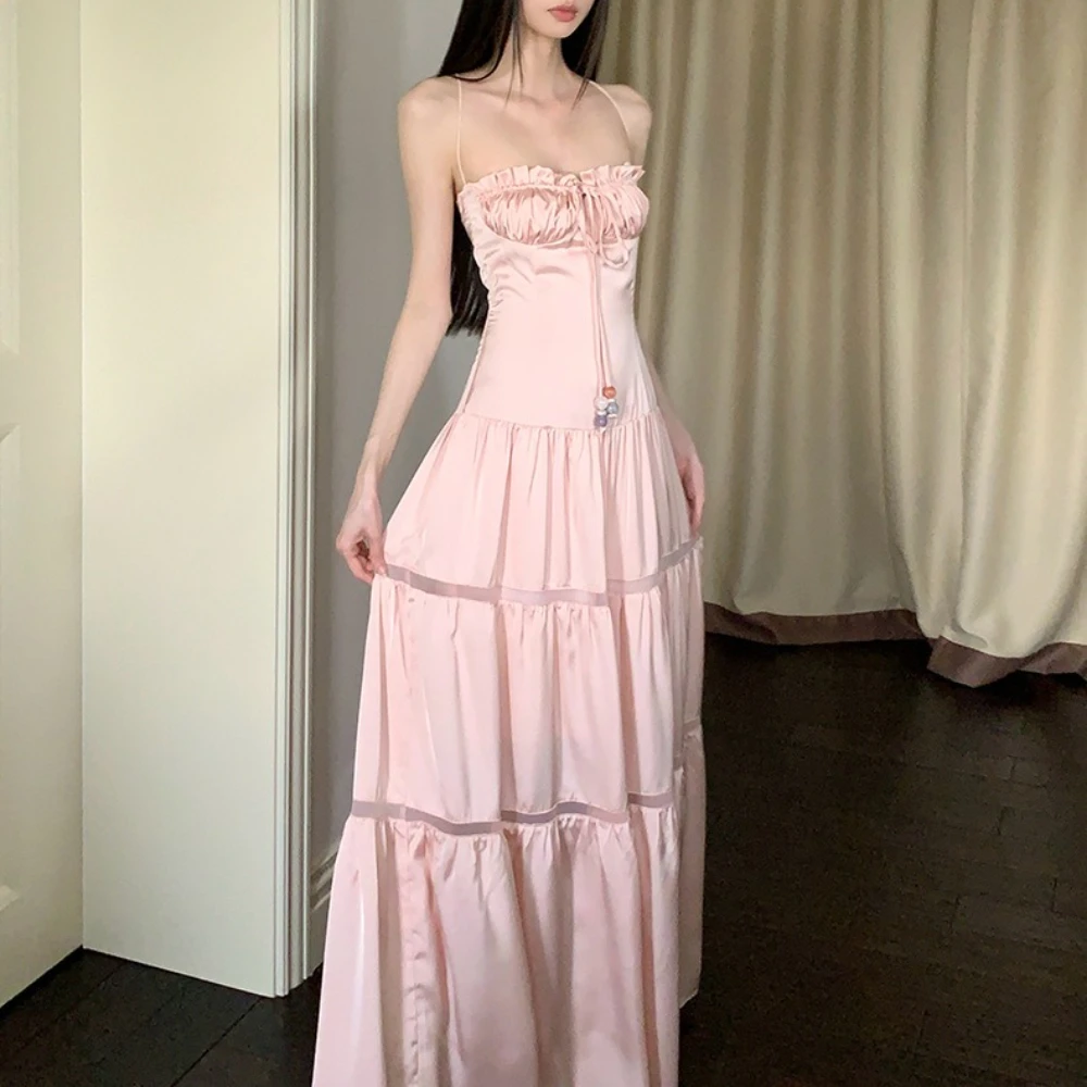 TWOTWINSTYLE Solid Slimming Spliced Shirring ชุดผู้หญิงที่ไม่มีสายหนัง SHEER Patchwork Lace Up Dress หญิงใหม่