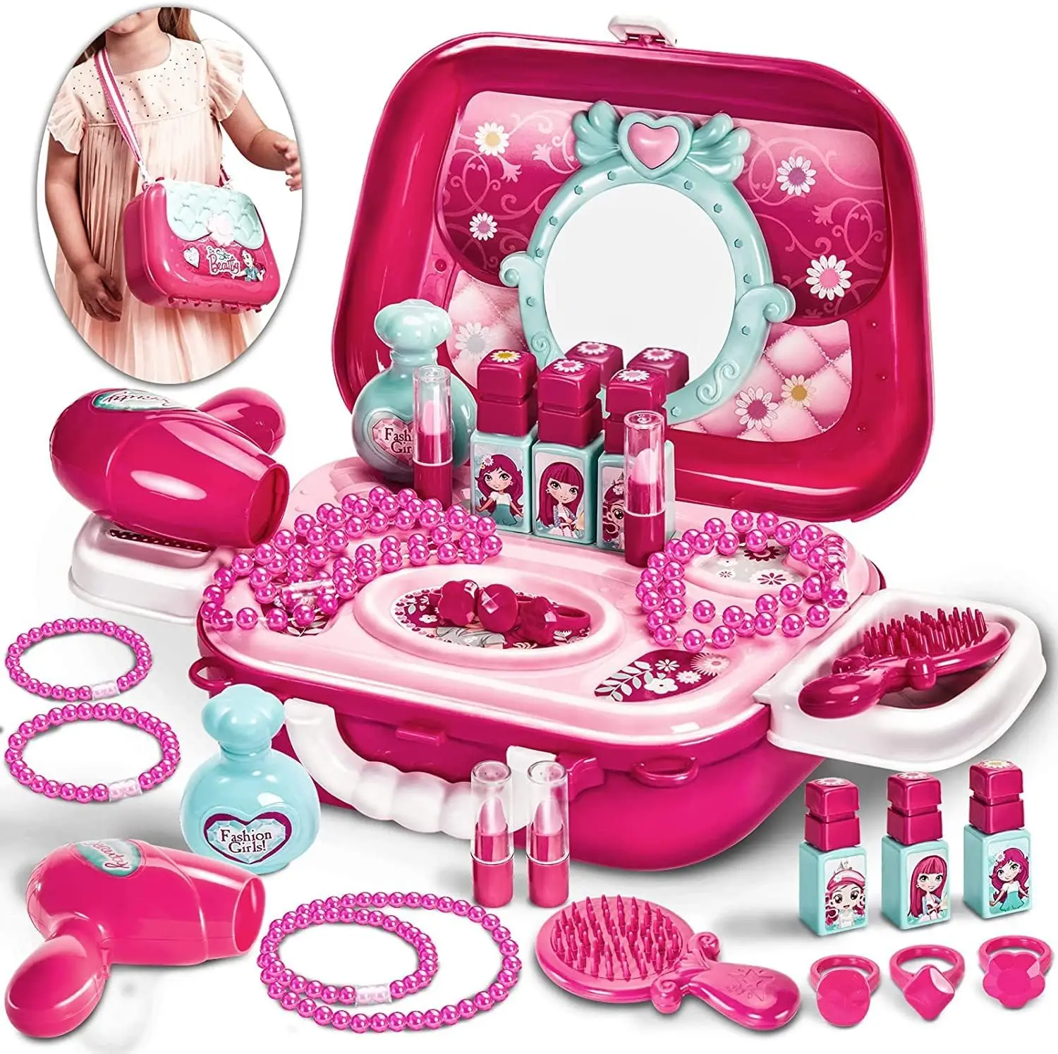 Bolsa de maquillaje de princesa 2 en 1 para niños, Kit de joyería de juguete, juego de maquillaje de simulación para niñas